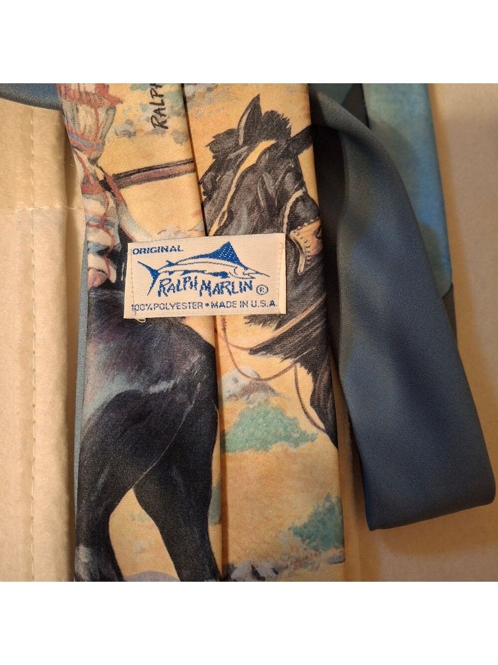 Ralph Marlin Artistic "Indian Trapper" By  Necktie with Blue Accent Vintage - Picture 2 of 3